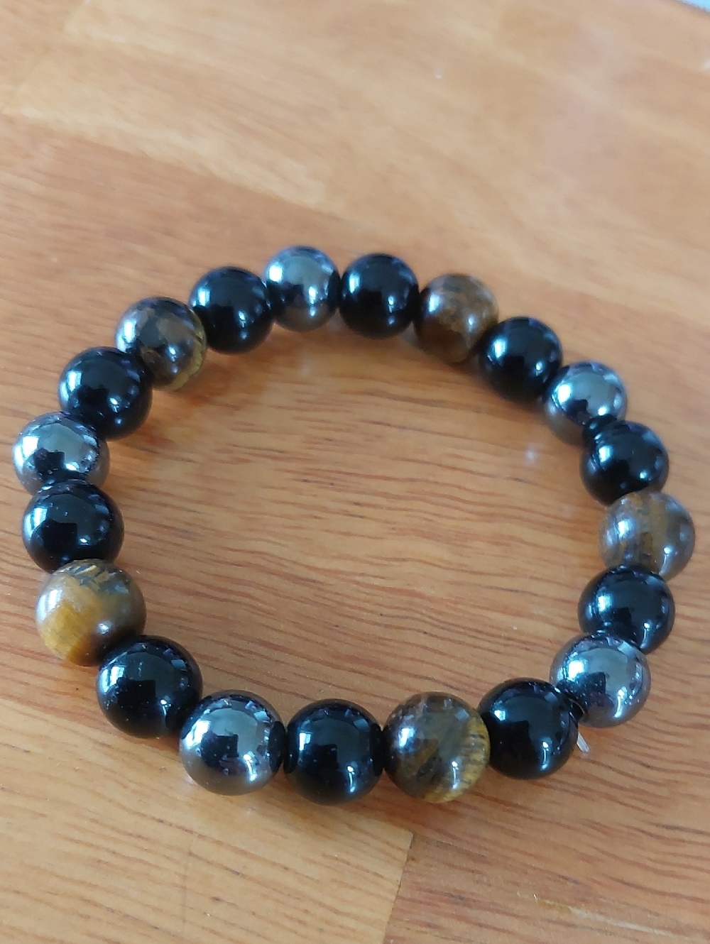 🌸5/$25 Obsidian Tiger Eye Hematite Triple Protection Stretch Bead Bracelet